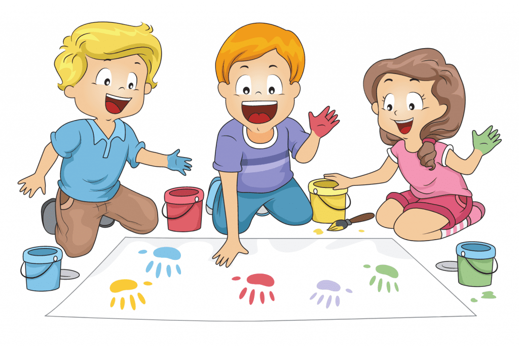 Preschool cartoon characters enjoy a fun painting activity for preschoolers - handpainting!