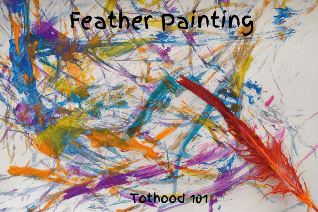 Feather Painting activity done with purple, blue, yellow, and orange paint.