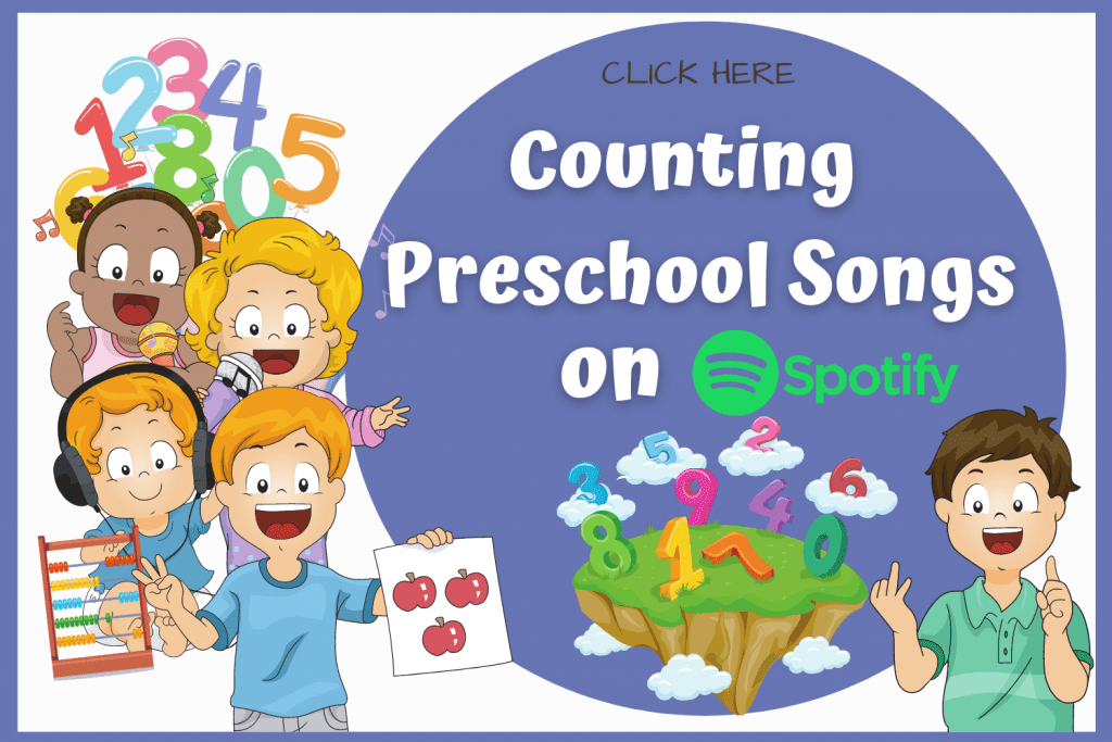 Cartoon children singing counting songs. Link to Counting Preschool Songs on Spotify.