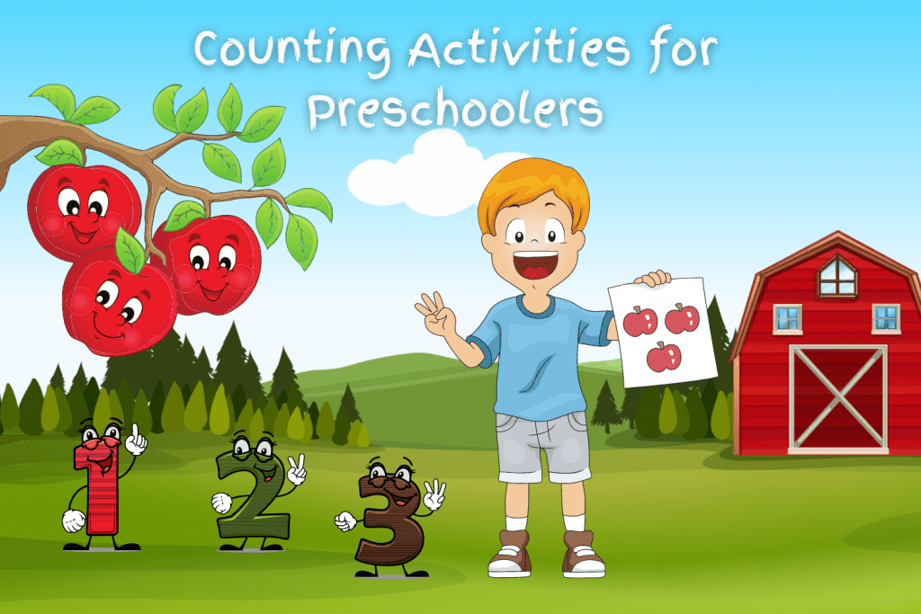 A cartoon picture of a boy on a farm, with a red barn in the background is holding a paper with 3 apples. Cartoon numbers 1, 2, and 3 are holding up fingers corresponding to their numeral