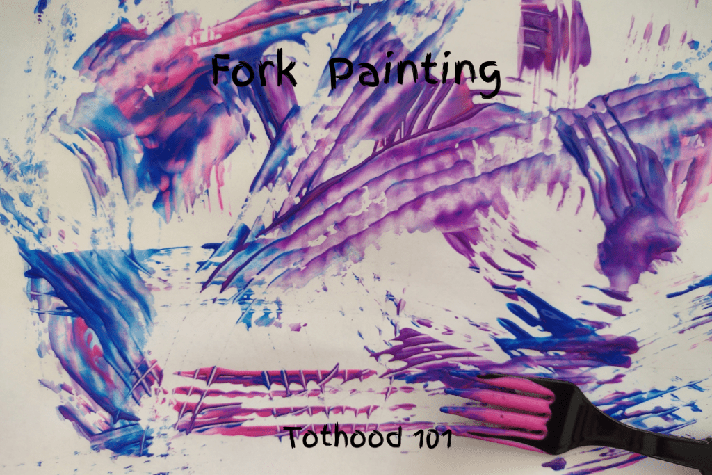 Fork painting activity done with purple and blue paint.