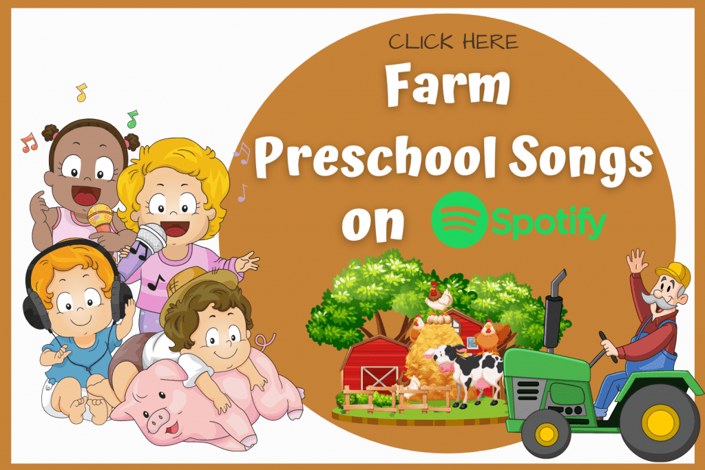 Preschool cartoon characters listening to Farm Songs. Link to Tothood101's Farm Preschool Songs on Spotify.