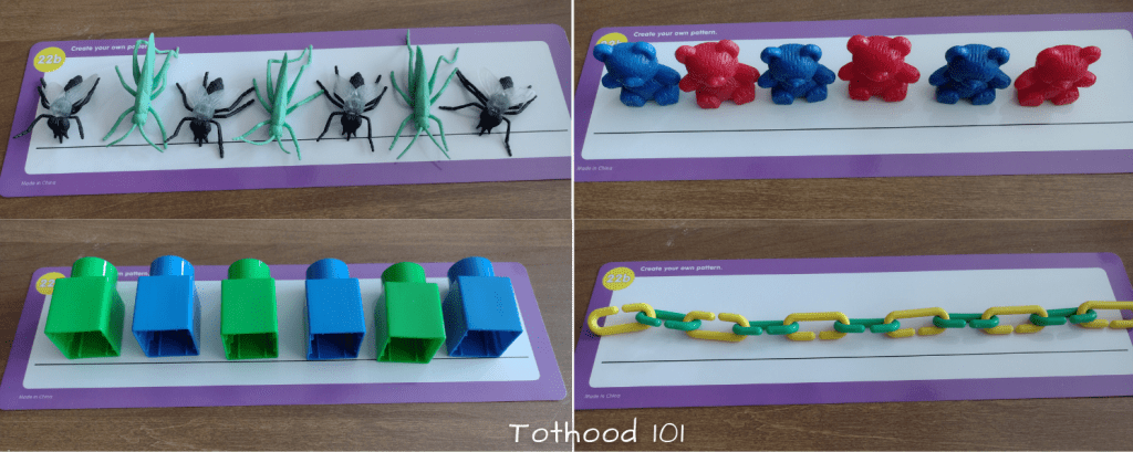 4 cards with patterns. one has fly and grasshoppers, one with blue bears and red bears, one with green blocks and blue blocks. One with yellow and green chain
