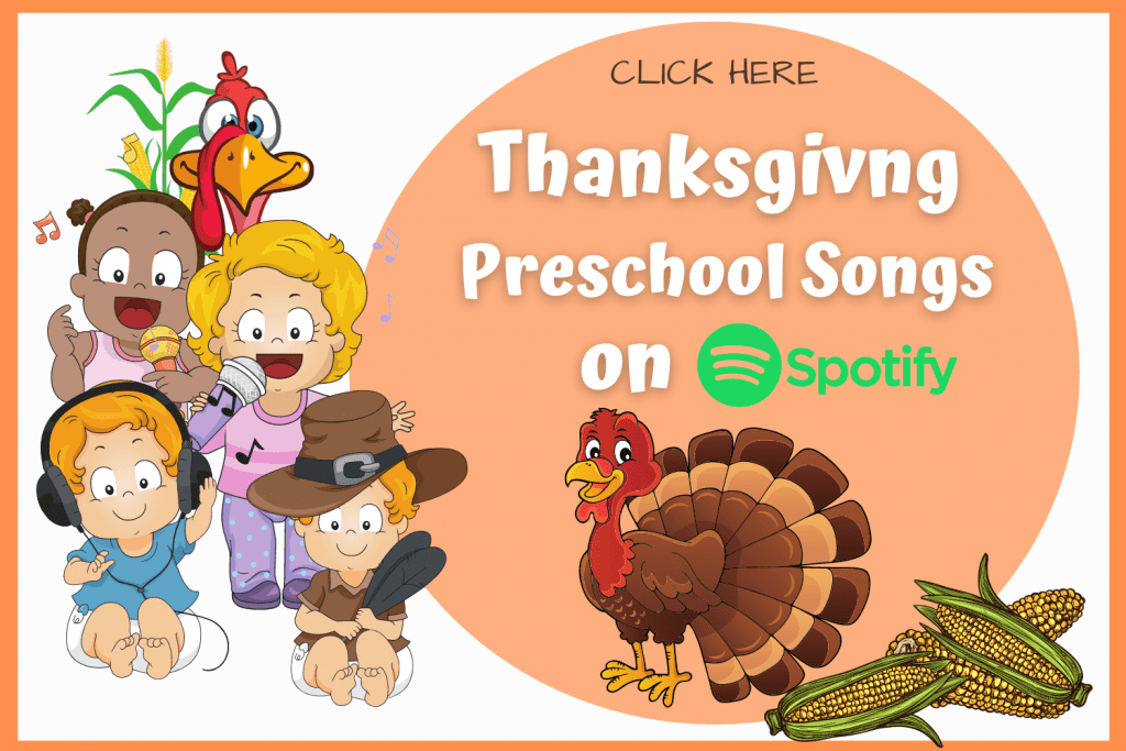 Preschool cartoon characters listening to Thanksgiving Songs. Link to Tothood101's Thanksgiving Preschool Songs playlist on Spotify
