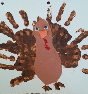 A turkey craft made from a shoe print and handprints.