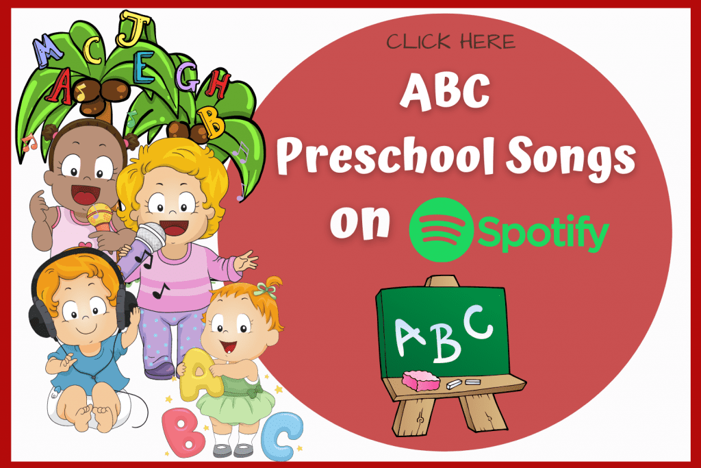 Preschool cartoon characters listening to ABC's. Link to Tothood101's ABC Preschool Songs playlist on Spotify.