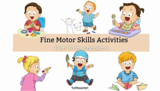 Cartoon picture of 6 preschoolers using fine motor skills
