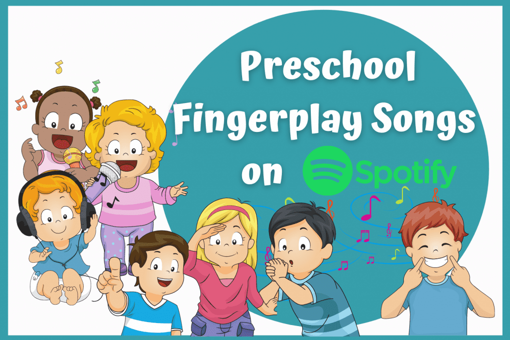 Cartoon children doing finger plays. Link to Preschool finger plays on Spotify.