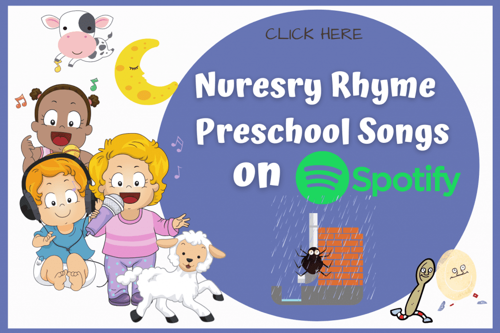 Preschool cartoon characters listening to Nursery Rhymes. Link to Tothood101's Nursery Rhyme Preschool Song playlist on Spotify.
