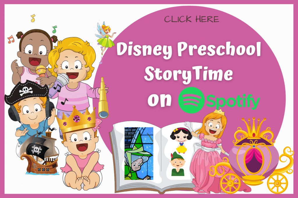Preschool cartoon characters listening to Disney stories. Link to Tothood101's Disney Preschool Story Time playlist on Spotify.