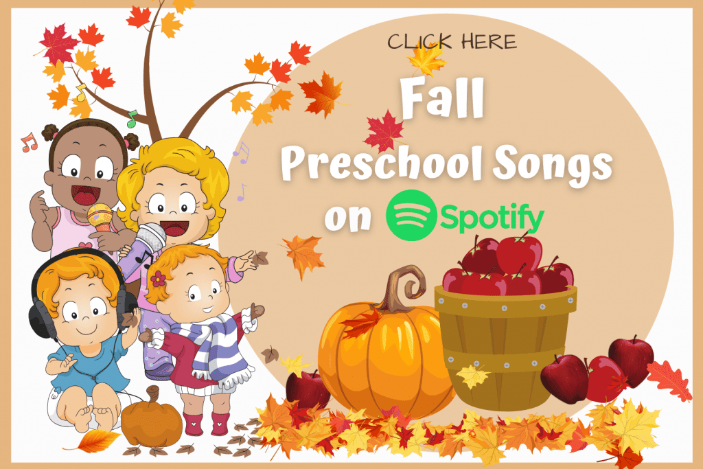 Preschool cartoon characters listening to Fall songs. Link to Tothood101's Fall Preschool Songs playlist on Spotify.
