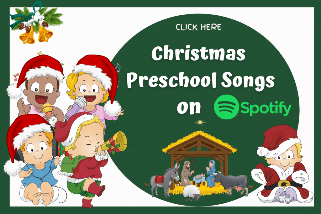 Preschool cartoon characters listening to Christmas songs. Link to Tothood101's Christmas Preschool Songs playlist on Spotify.