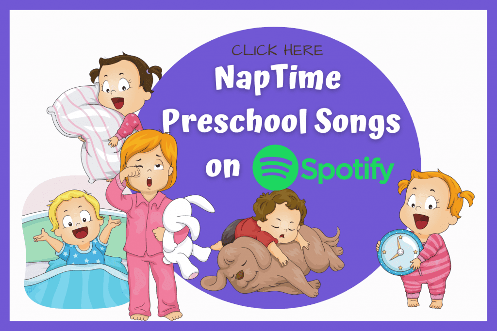 5 cartoon preschoolers at naptime. Link to Tothood101's Naptime Preschool Songs playlist on Spotify.
