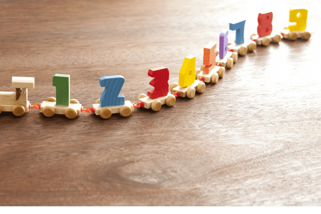 A wooden toy train with the numbers 1-9 on top. Learning to count for toddlers and preschoolers.