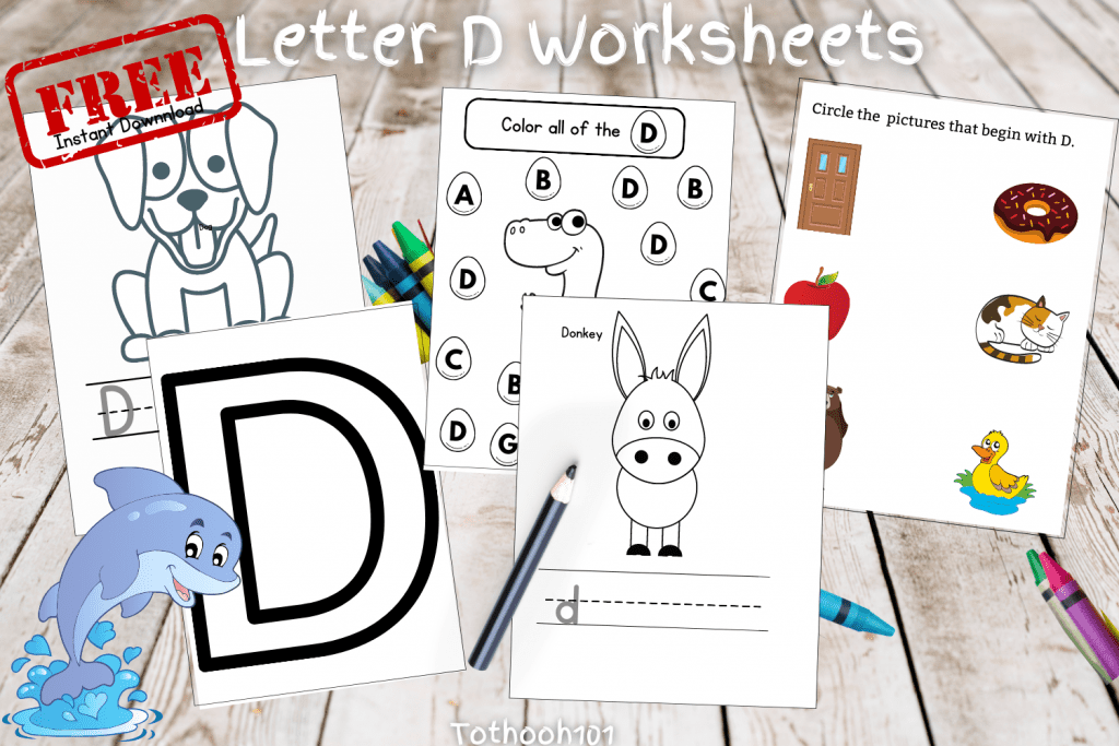 Collage of Letter D worksheets. Link is below.