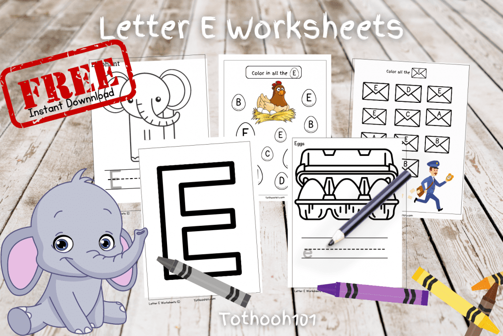 Letter E worksheet collage. 