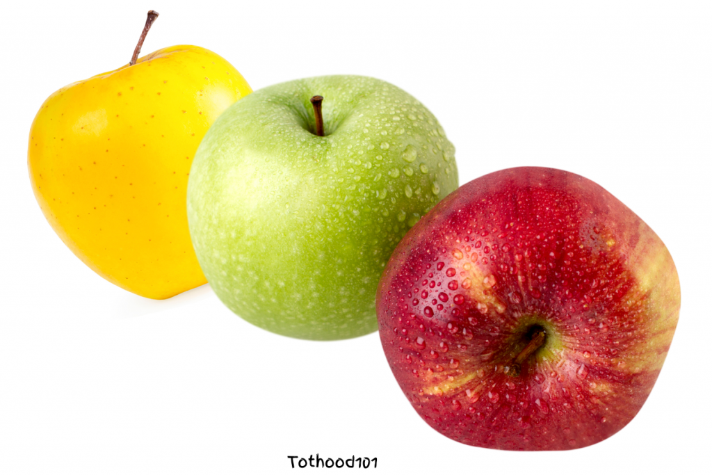 three apples (red, green and yellow)