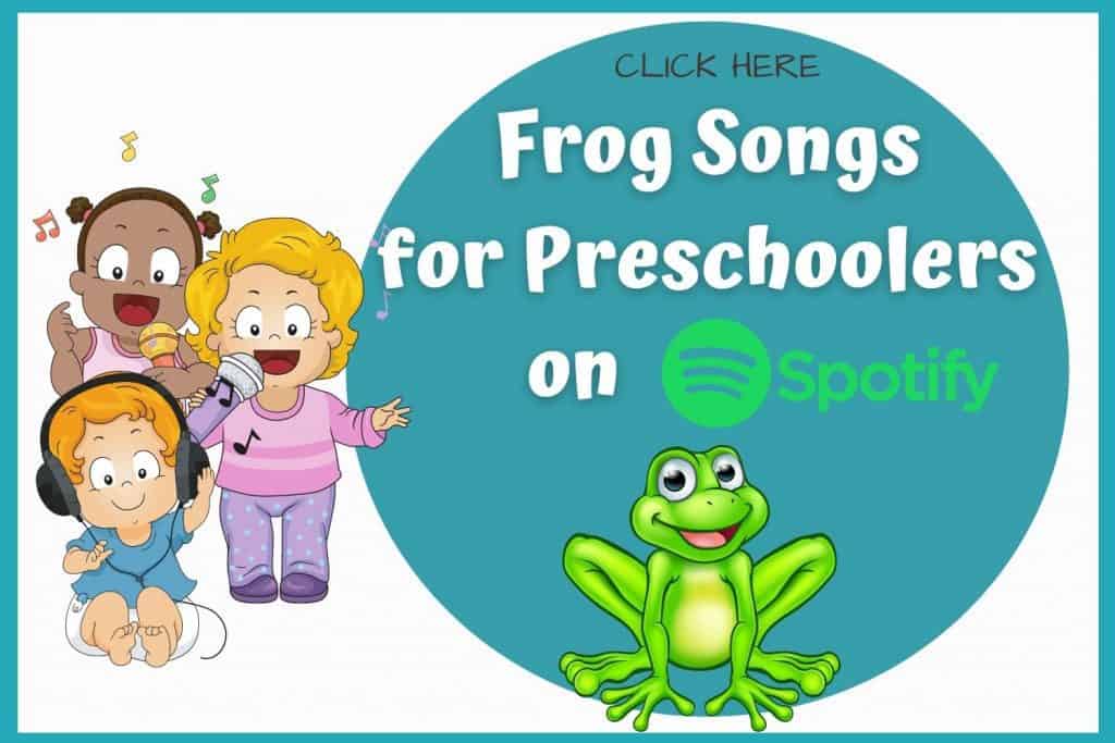 Cartoon children singing and a frog. Link to Frog Song Playlist link to Spotify