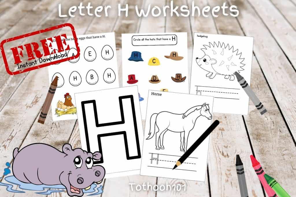 Collage of free Letter H worksheets for preschoolers