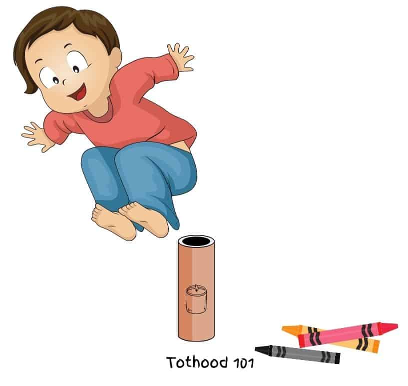 A cartoon of a boy jumping over a cardboard candle stick.