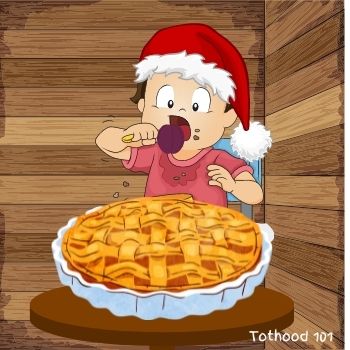 A cartoon boy siting in a corner eating a pie.