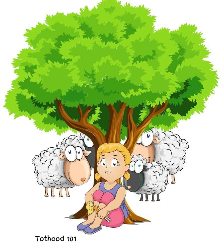 A carton of a girl sitting in front of a tree, who has lost her sheep, which are hiding behind the tree.
