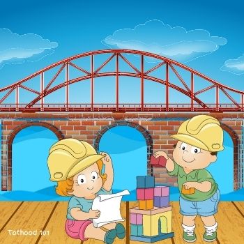 A cartoon of a  boy and girl building with blocks in front of London Bridge.