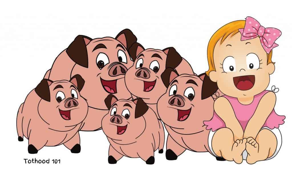 A cartoon of a barefoot little girl sitting with 5 pigs.