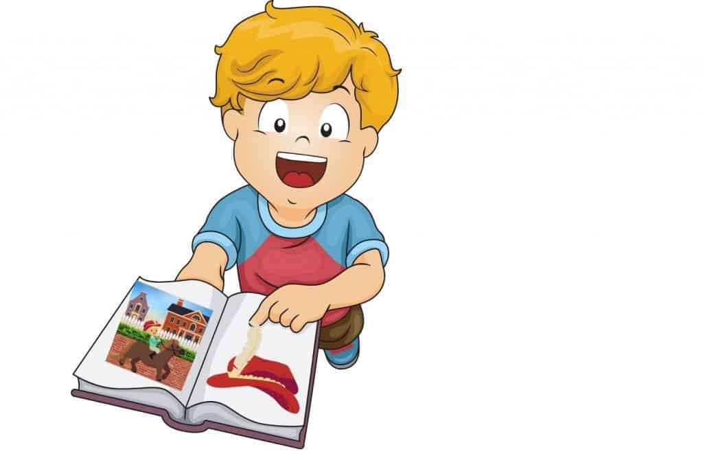 A boy pointing to Yankee Doodle in a book