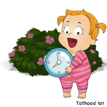 A cartoon girl holding a clock in front of a mulberry bush.