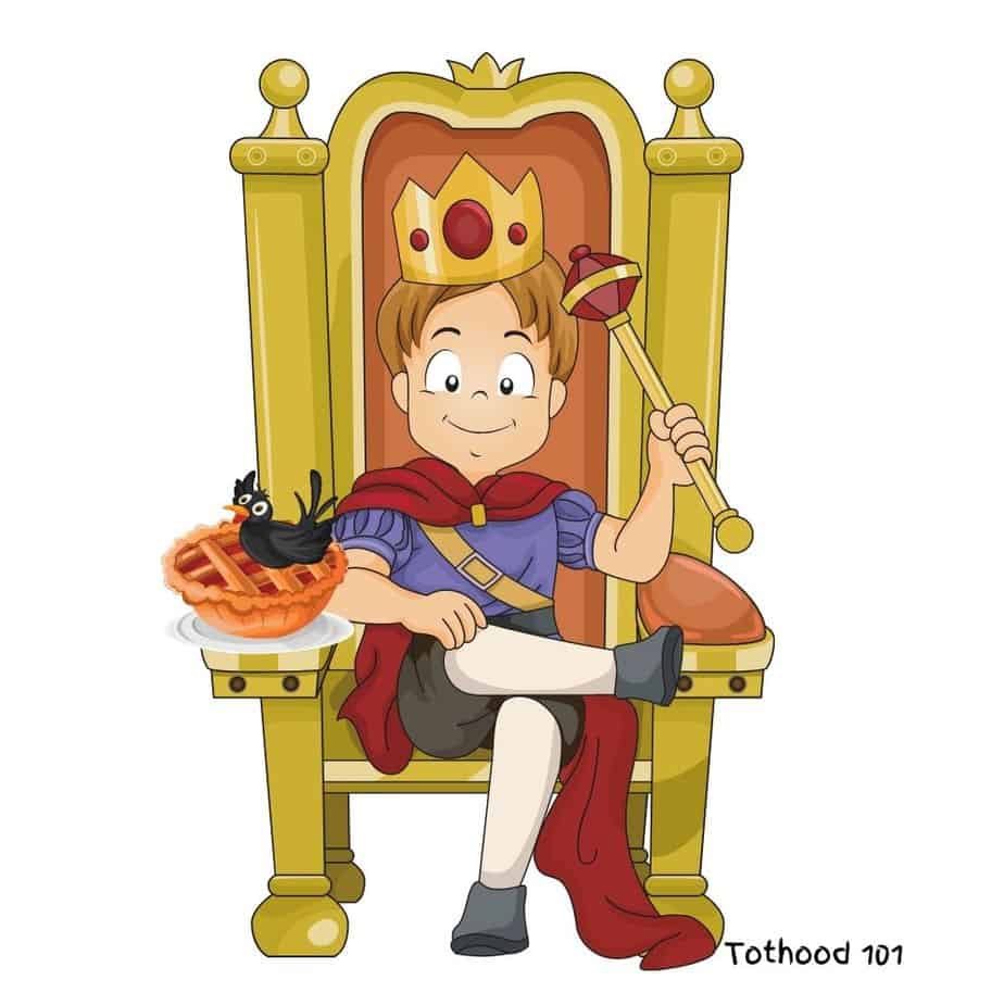 A carton of a boy dressed as a king on a throne with a blackbird sitting on a pie.