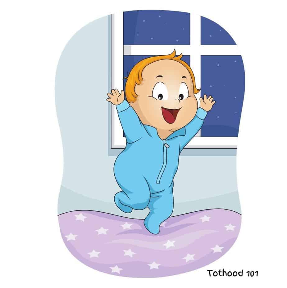 A cartoon on a boy jumping on his bed