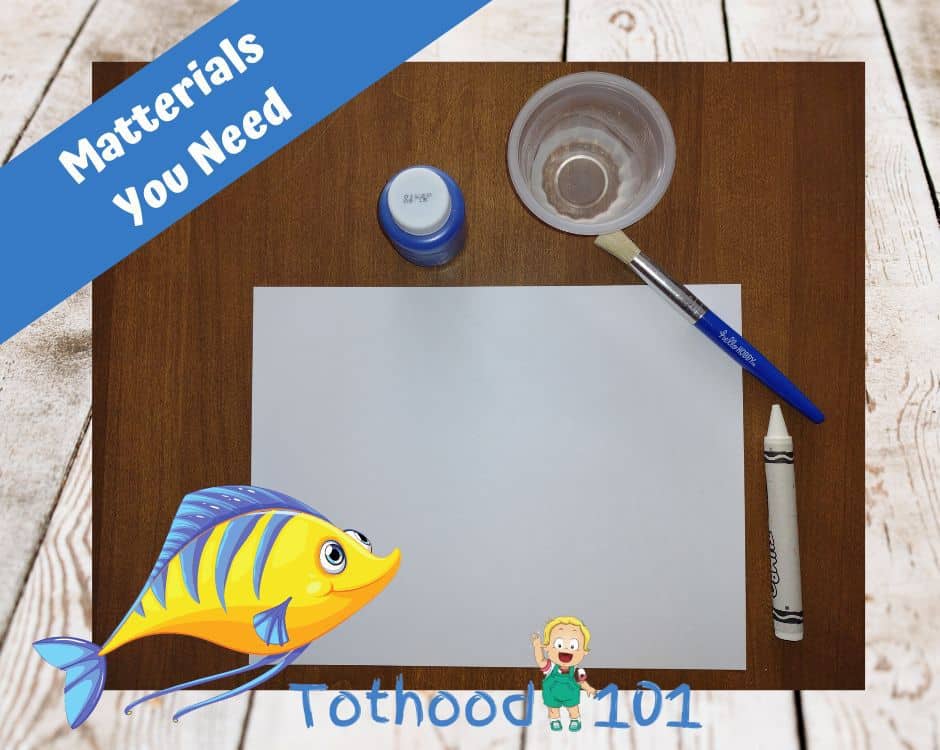Materials you need white cardstock, blue paint, a small container of water, a paintbrush and a white crayon.