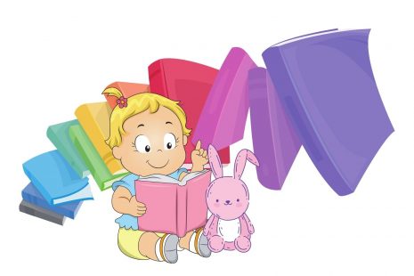 Differnt colored books behind a little ggirl reading to a stuffed bunny