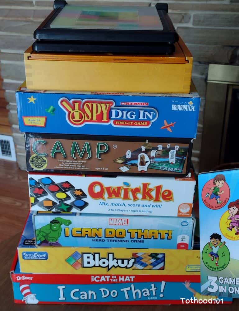 A sack of board games for kids 5 to 6 years old.