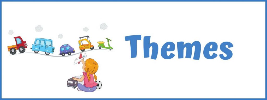 Preschool girl sitting on the floor with an airplane is looking at other toy vehicle. Link to Themes.