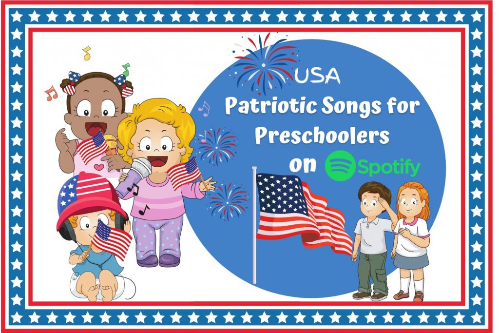 Patriotic cartoon children. Link to USA Patriotic Songs for Preschoolers on Spotify.
