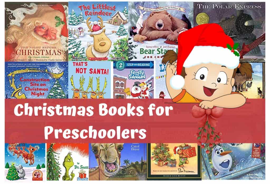 Christmas Books for Preschoolers and a cartoon of preschool girl in a santa hat waving