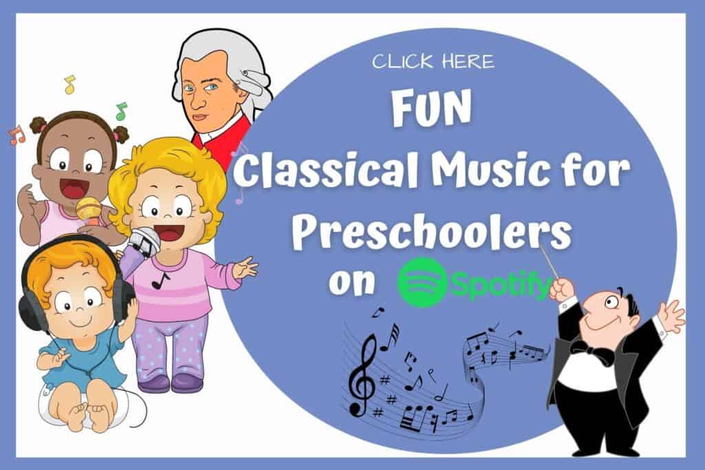 Cartoon Children singing, Mozart and a conductor.  Link to Fun classical Music for preschoolers on Spotify