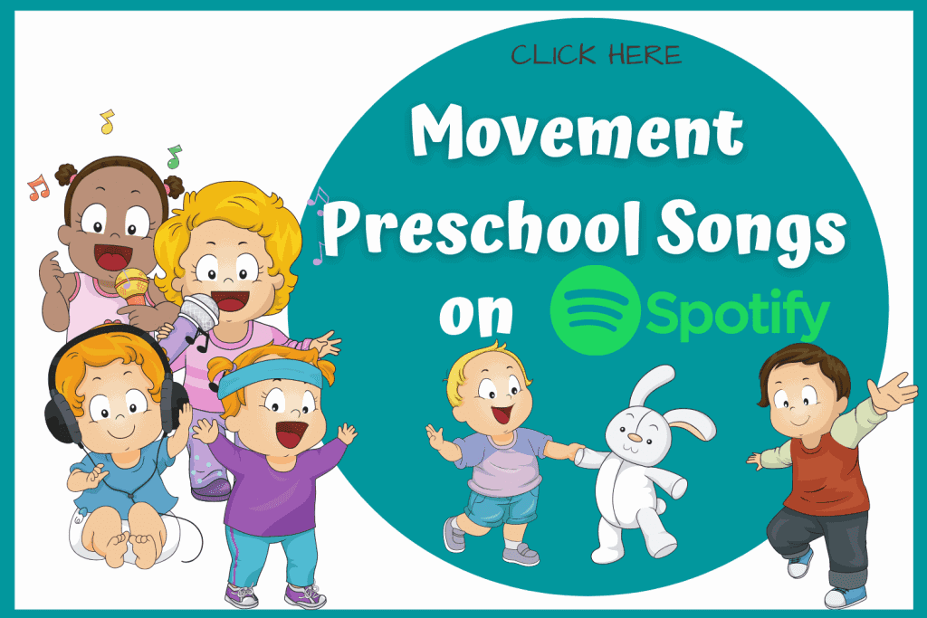 Children singing and dancing, A boy with a bunny. Link to Movement Preschool Songs on Spotify