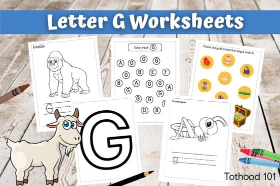 Letter G worksheets, bottom left corner has a goat