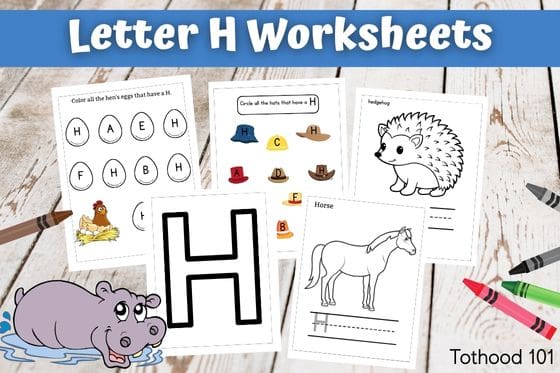 Letter H worksheets a hippo in left bottom corner