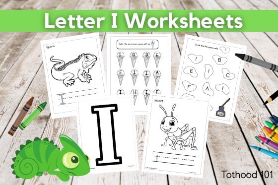 Letter I worksheets for preschoolers . Iguana in lower left corner