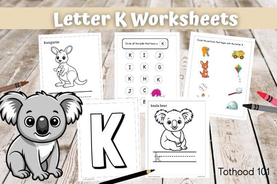 Letter K Worksheets. Koala bear in lower left corner