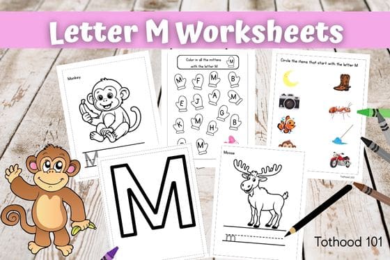 Letter M Worksheets. Monkey in the lower left corner.