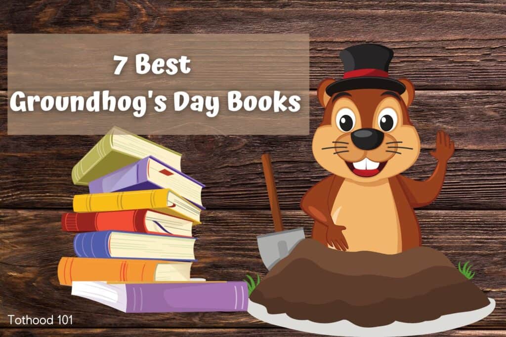 a cartoon groundhog waving next to a stack of books