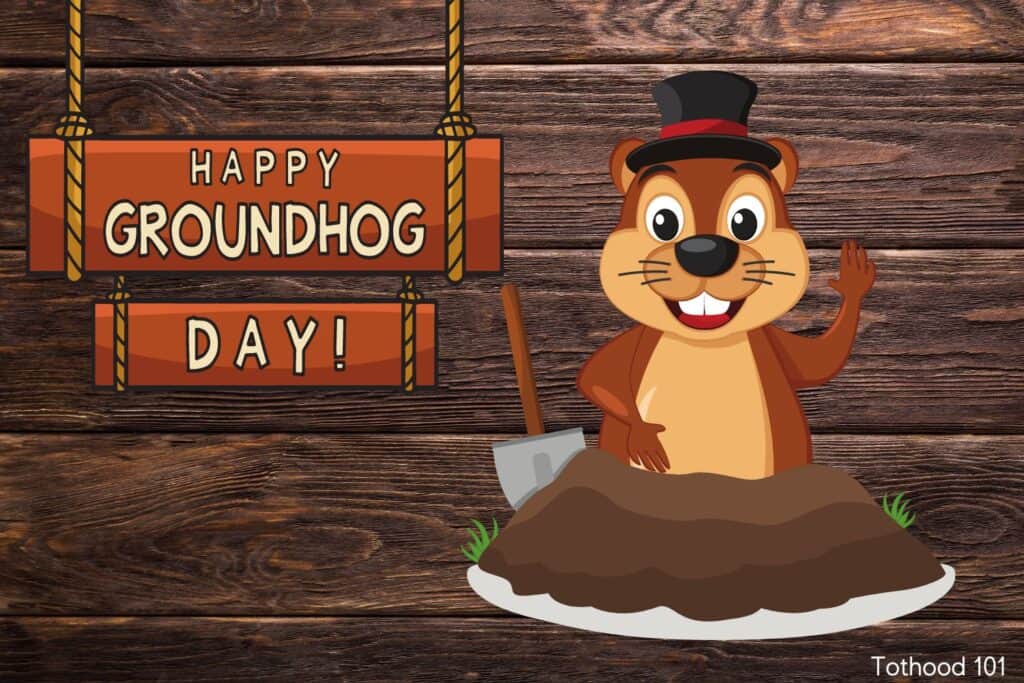 Cartoon Groundhog with top hat . Happy Groundhog Day!