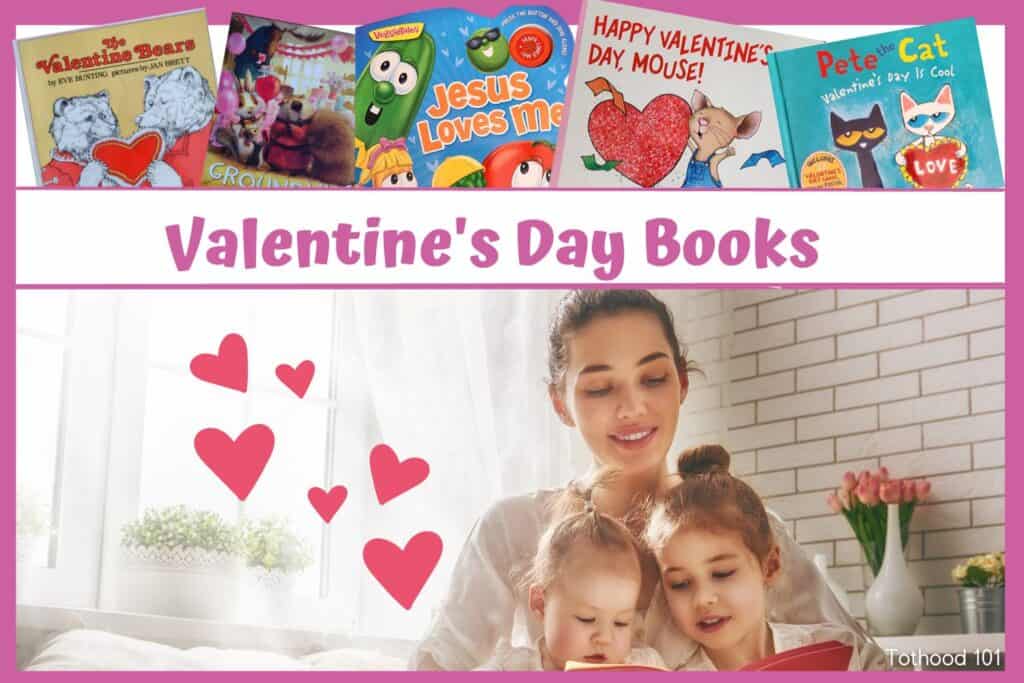 Mom reading Valentines Books to her two daughters