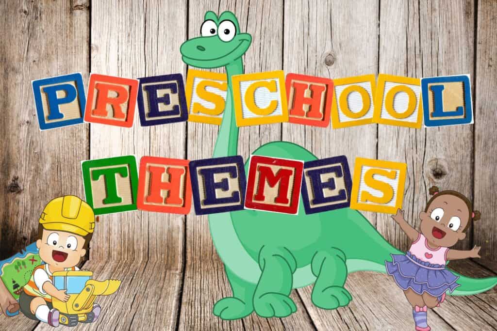 Letter blocks that spell out Preschool Themes. On the left is a boy dress as a construction worker and the right is a girl dancing. in the center is a dinosaur.