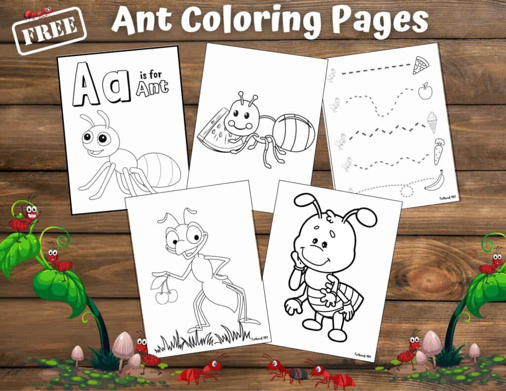 5 ant coloring sheets and cartoon ant on each side of the picture climbing a leaf stalk